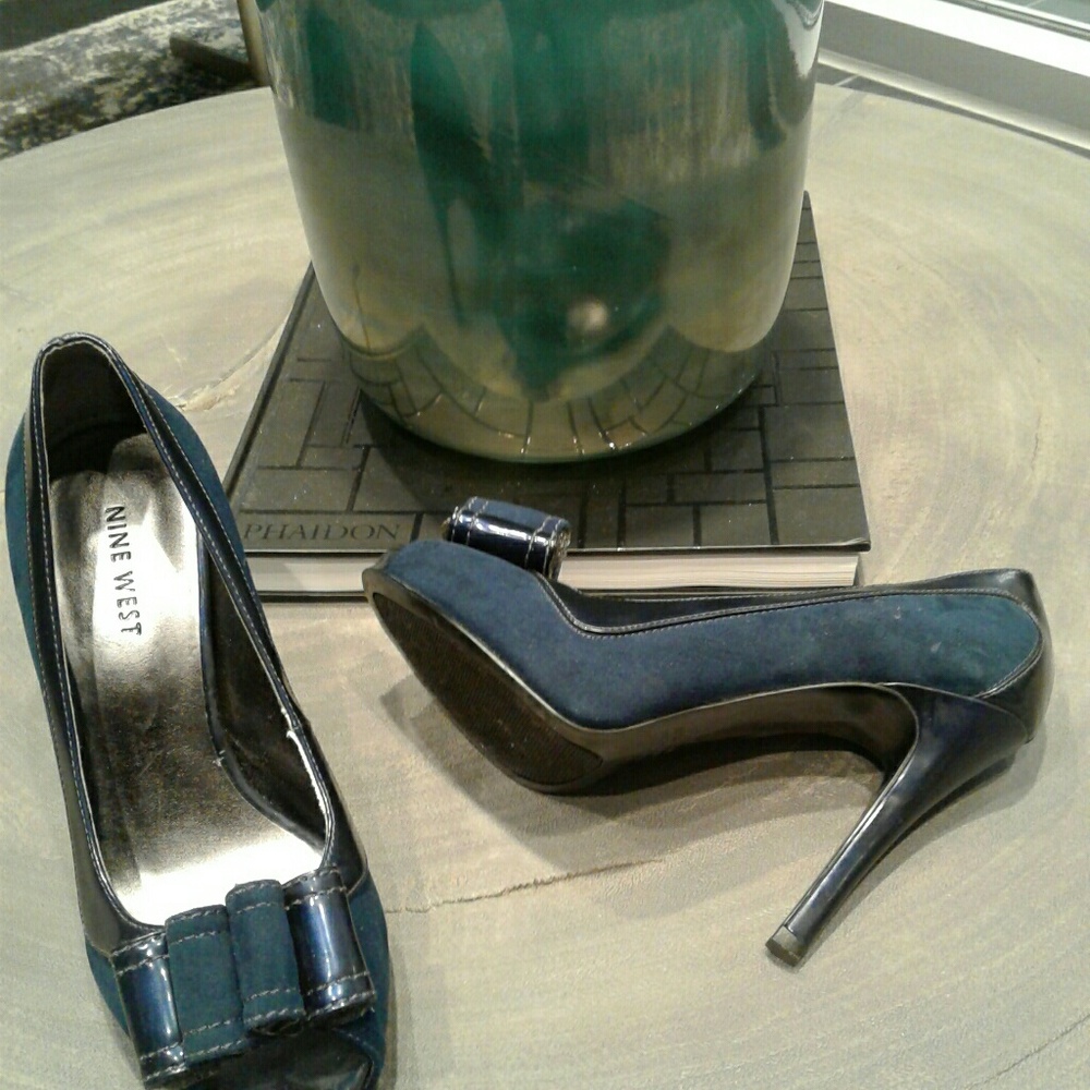 Navy suede peep toe pumps